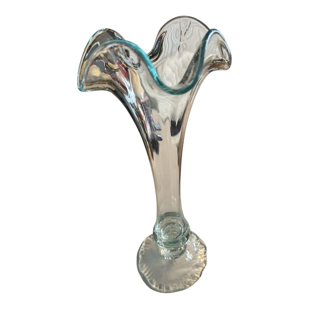 Vintage Faviluso Hand-Blown Art Glass Trumpet Vase – Green Edged Clear Glass – M